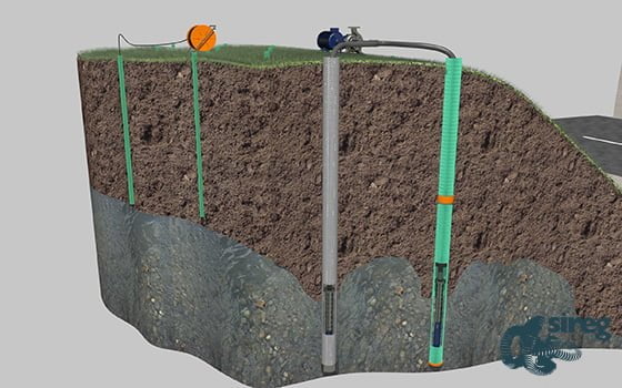 Corte trasversal de un acuífero donde se observa la instalación de un Piezómetro al interior de un sondeo vertical.